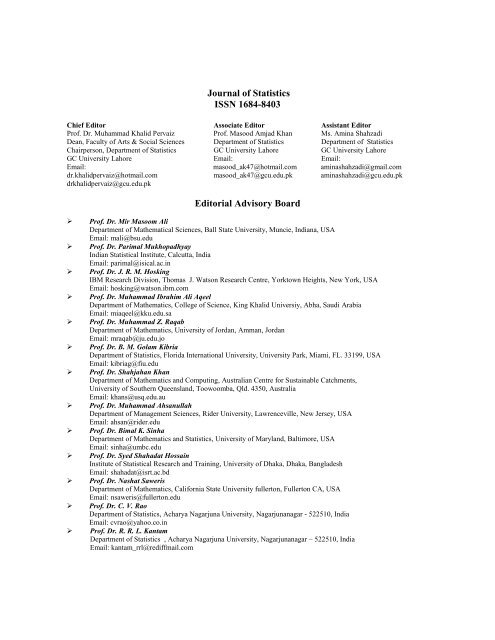 Journal of Statistics ISSN 1684-8403 Editorial Advisory Board