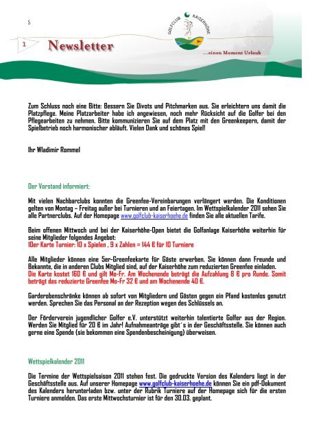 Newsletter 1/11 - Golfclub Kaiserhöhe