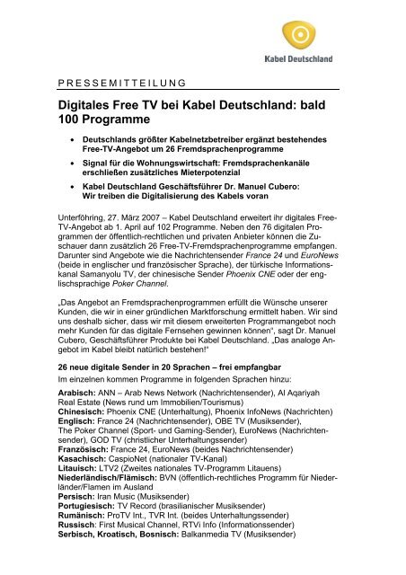 Digitales Free TV bei Kabel Deutschland: bald 100 Programme ...