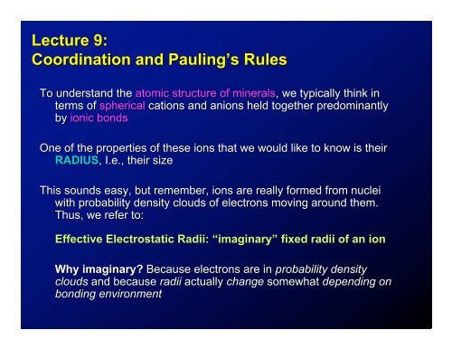 Lecture 9: Coordination and Pauling's Rules