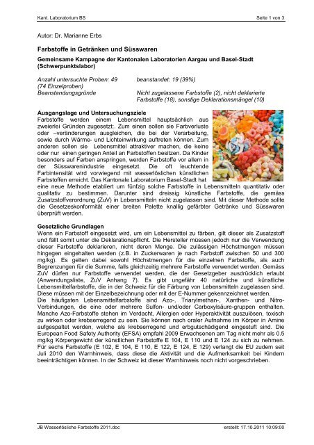 Farbstoffe in Getränken und Süsswaren - Kantonales Laboratorium