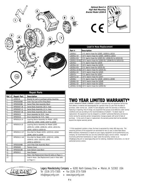 Retractable Air & Water Hose Reels Parts and Technical Service ...