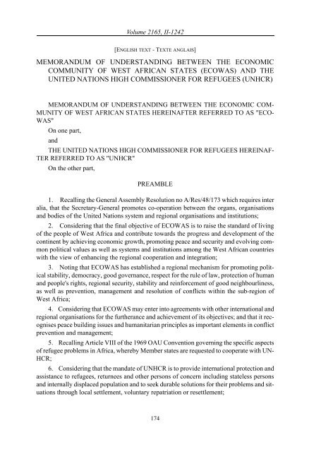 Memorandum of Understanding on refugees, UNHCR and ECOWAS.