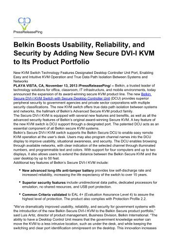 Belkin Boosts Usability, Reliability, and Security by Adding New Secure DVI-I KVM