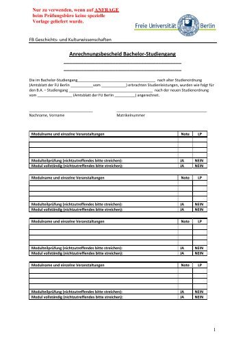 Anrechnungsbescheid Bachelor-Studiengang