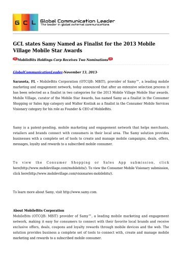 GCL states Samy Named as Finalist for the 2013 Mobile Village Mobile Star Awards