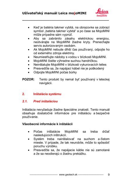 Užívateľský manuál Leica mojoMINI - Geotech