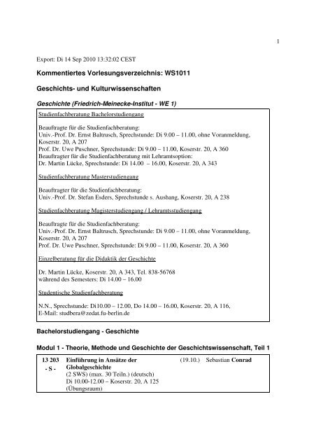 Kommentiertes Vorlesungsverzeichnis: WS1011 Geschichts- und ...