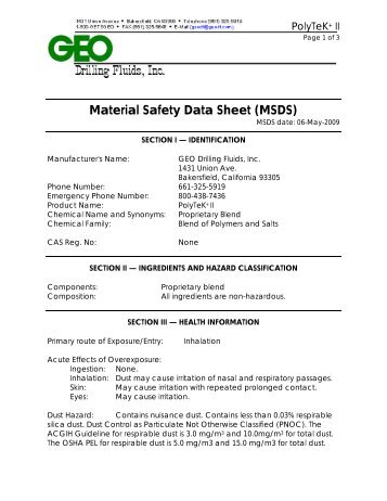 Material Safety Data Sheet (MSDS) - GEO Drilling Fluids, Inc.