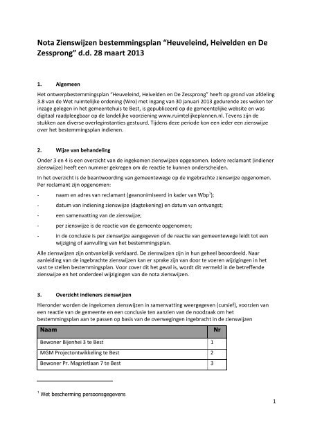 Nota zienswijzen Heuveleind Heivelden De ... - Gemeente Best