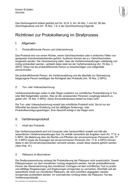 Richtlinien zur Protokollierung im Strafprozess - St.Gallische ...