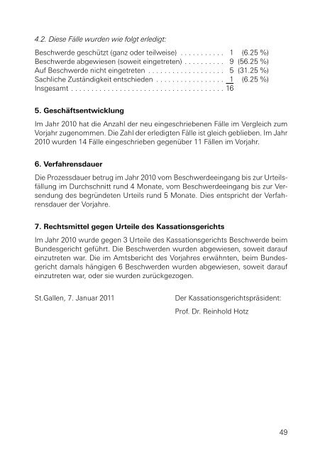 Amtsberichte der kantonalen Gerichte über das Jahr 2010