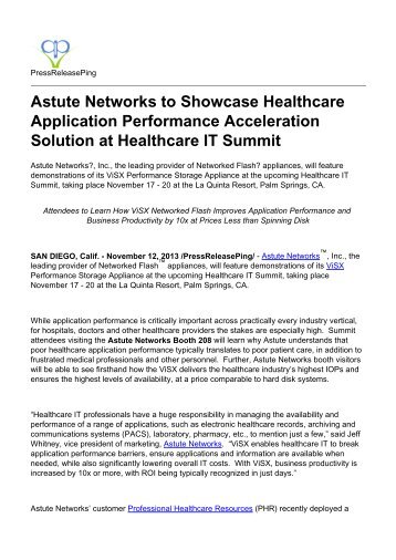 Astute Networks to Showcase Healthcare Application Performance Acceleration Solution