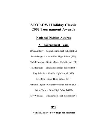 STOP-DWI Holiday Classic 2002 Tournament Awards