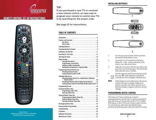 REMOTE CONTROL SET-UP INSTRUCTIONS - Integra Telecom