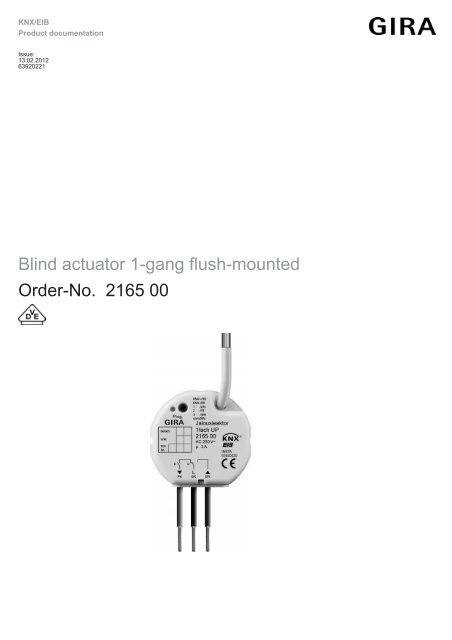 Blind actuator 1-gang flush-mounted Order-No. 2165 00 - Gira