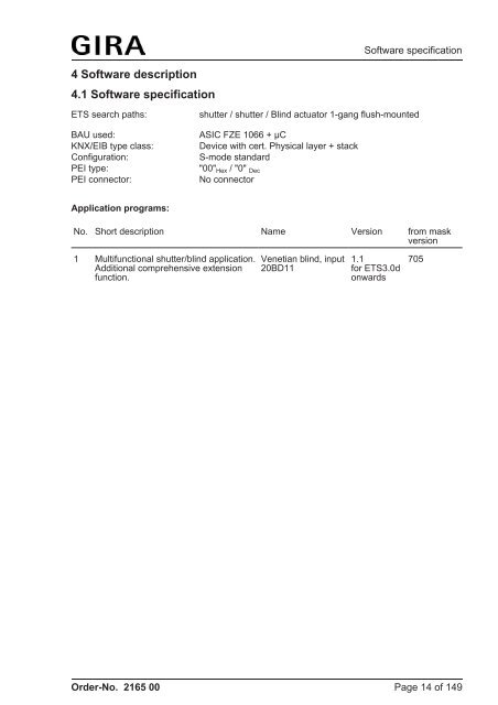 Blind actuator 1-gang flush-mounted Order-No. 2165 00 - Gira