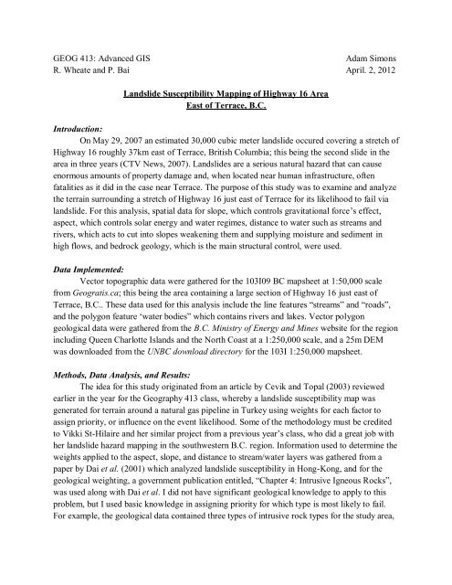 Landslide Susceptibility Mapping of Highway 16 ... - UNBC GIS Lab