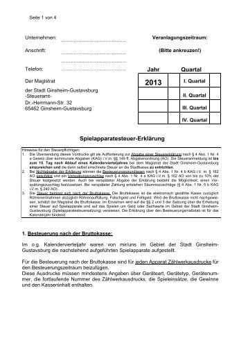 Jahr Quartal Spielapparatesteuer-Erklärung - Ginsheim-Gustavsburg