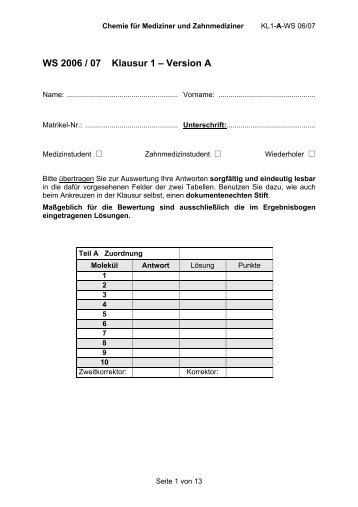 WS 2006 / 07 Klausur 1 – Version A - gemeinsamelistemedizin