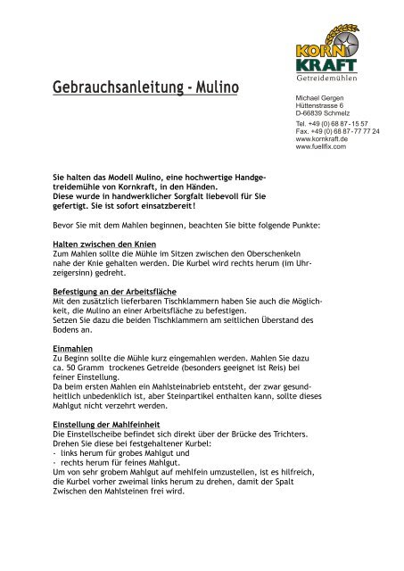 Bedienungsanleitung Handgetreidemühle Kornkraft Mulino