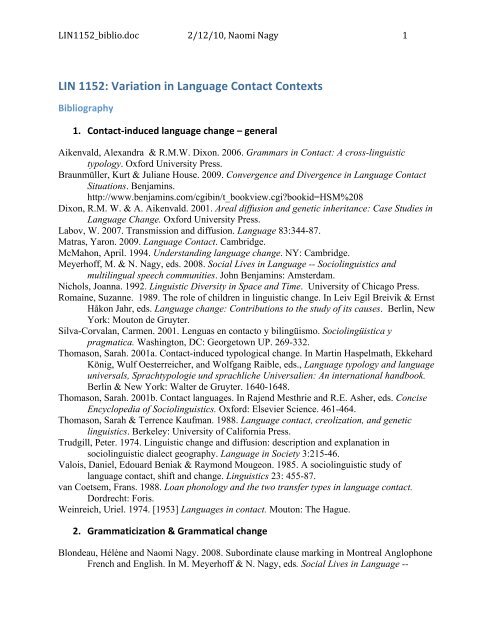 LIN 1152: Variation in Language Contact Contexts - University of ...