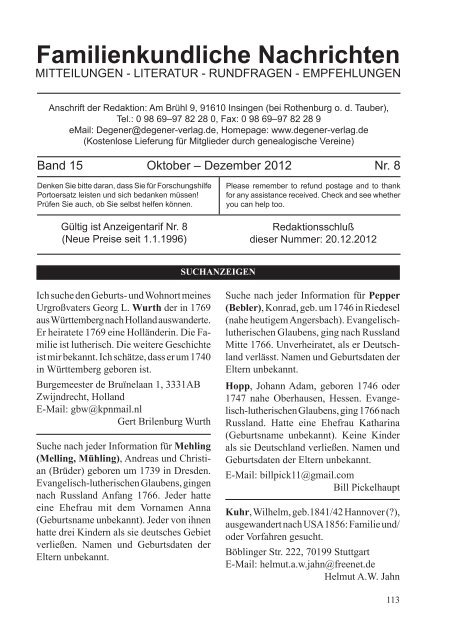 FaNa 8/2012 - Suchanzeigen - Zeitschriften für Familienforscher