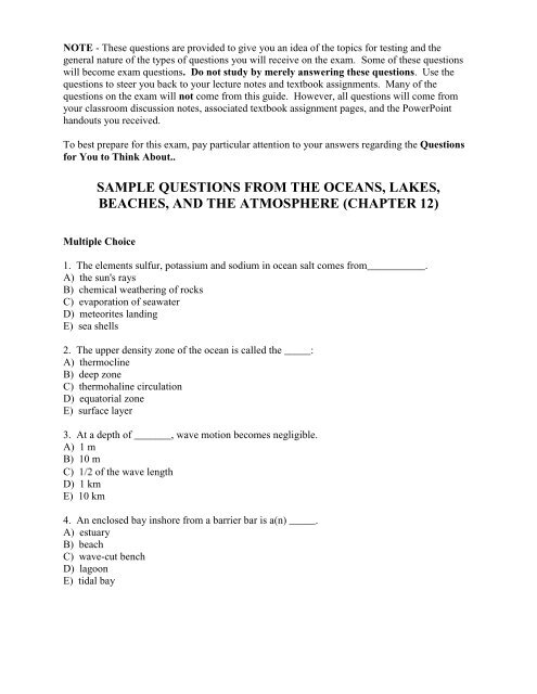 Sample Questions From The Oceans Lakes Beaches