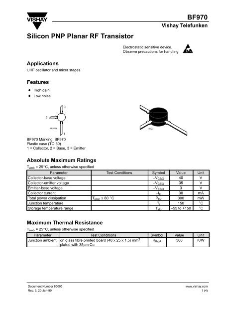BF970 Silicon PNP Planar RF Transistor