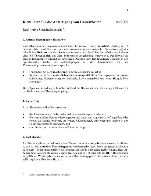 Richtlinien für die Anfertigung von Hausarbeiten 06/2005