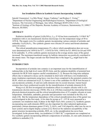 Ion Irradiation Effects in Synthetic Garnets Incorporating Actinides ...