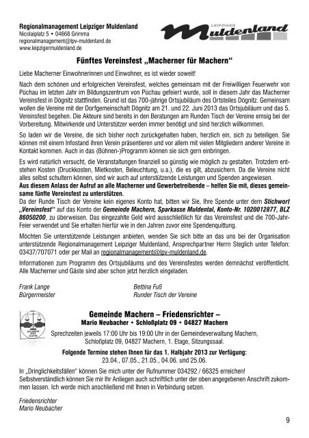 Amtsblatt Nr. 221 April 2013 - Gemeinde Machern