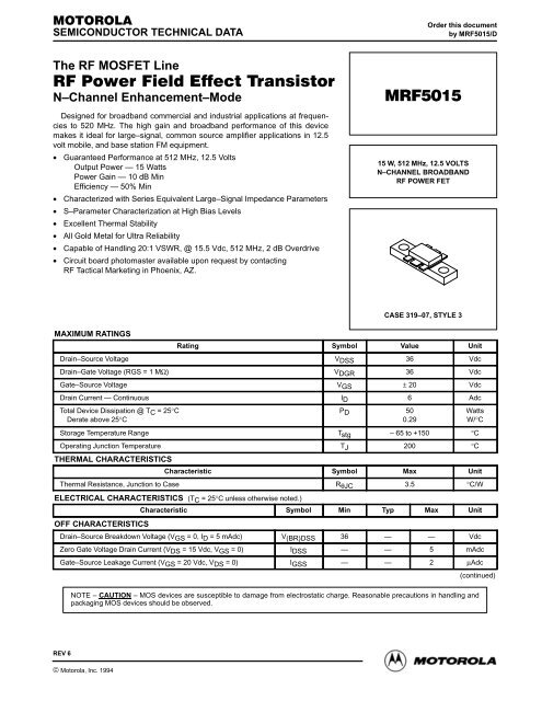 RF Power Field Effect Transistor MRF5015 - igor