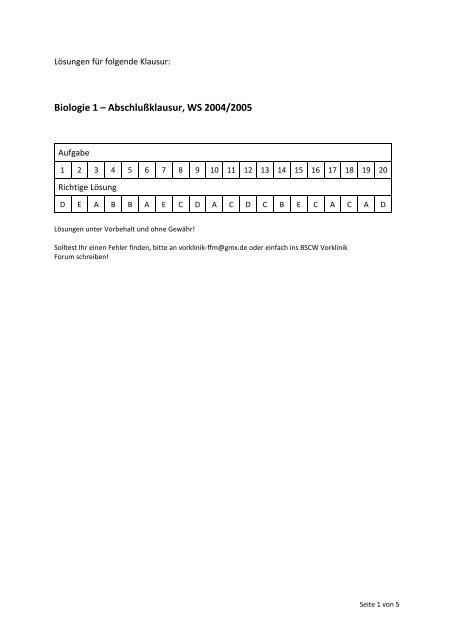 Biologie 1 – Abschlußklausur, WS 2004/2005