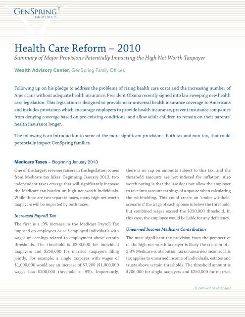 Health Care Reform – 2010 - GenSpring Family Offices