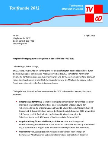 Mitgliederbrief - Tarifvertrag Bund und Kommunen