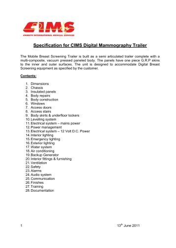 Specification for CIMS Digital Mammography Trailer