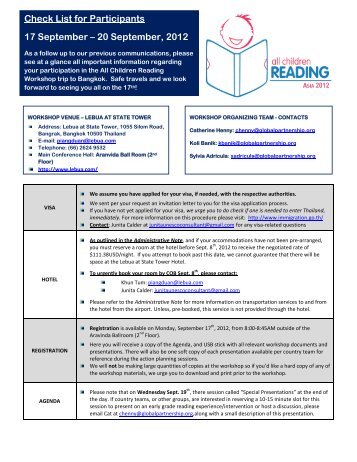 Check List for Participants 17 September – 20 September, 2012