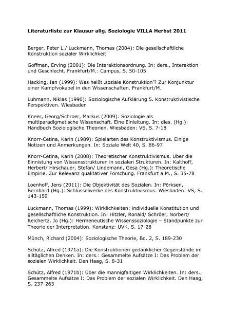Literaturliste zur Klausur allg. Soziologie VILLA Herbst 2011 Berger ...