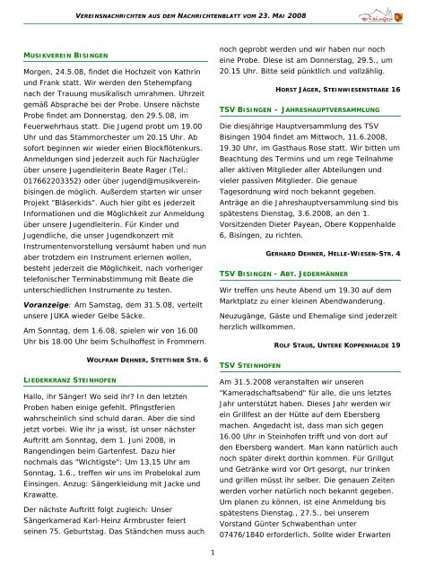 Vereinsnachrichten 23. Mai 2008 als PDF - Gemeinde Bisingen