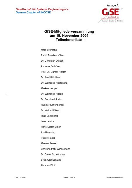 Protokoll der 1. Mitgliederversammlung am 19. November 2004 - GfSE