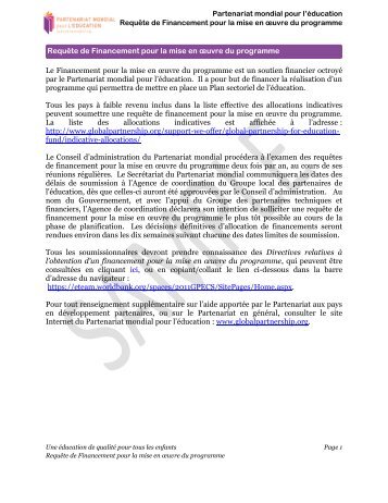 Le Financement pour la mise en œuvre du programme est un ...