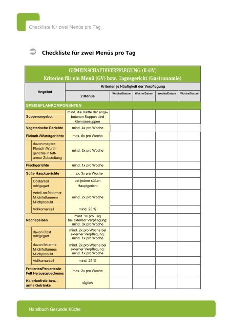 О Checkliste für zwei Menüs pro Tag ...