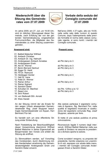 Niederschrift über die Sitzung des Gemeinde- rates vom 27.07.2009 ...