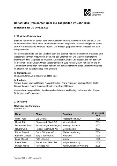 Bericht des Präsidenten über die Tätigkeiten im Jahr 2008