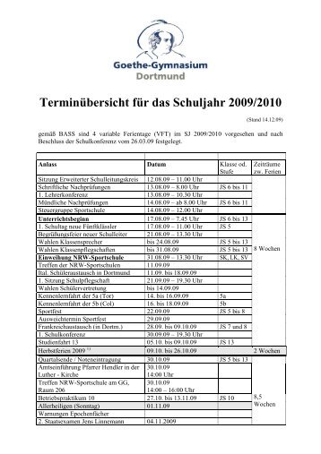 Terminübersicht für das Schuljahr 2009/2010 - Goethe Gymnasium ...