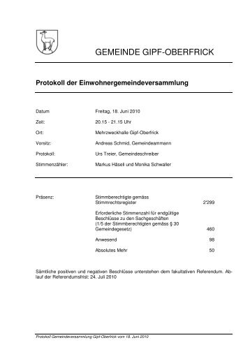 Protokoll der Einwohnergemeindeversammlung - Gemeinde Gipf ...