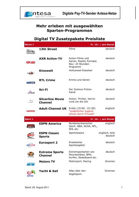 Digitale Pay Tv Sender Antesa Netze