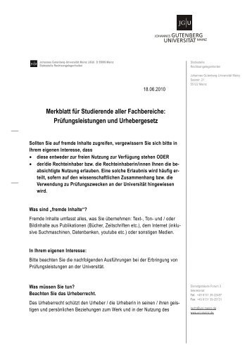 Merkblatt zum Urheberrecht und zu Plagiaten. - Johannes ...