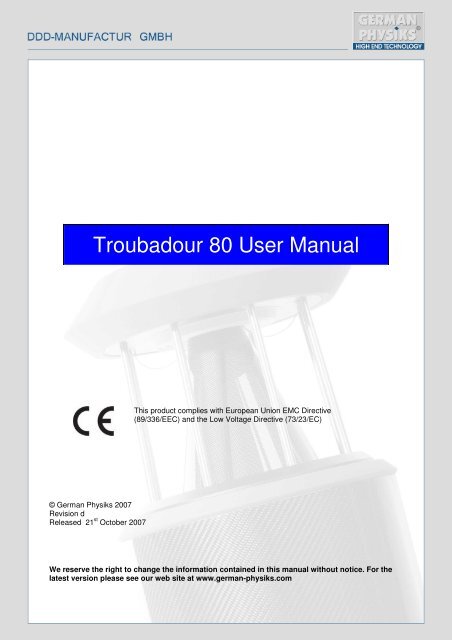 Troubadour 80 User Manual - German Physiks